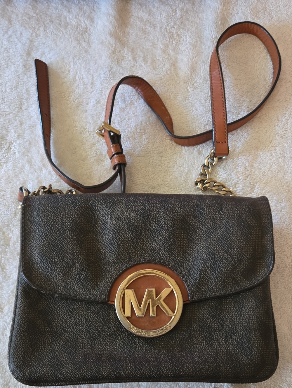 Michael Kors Fulton Acorn Brown Small Shoulder Flap Leather Bag